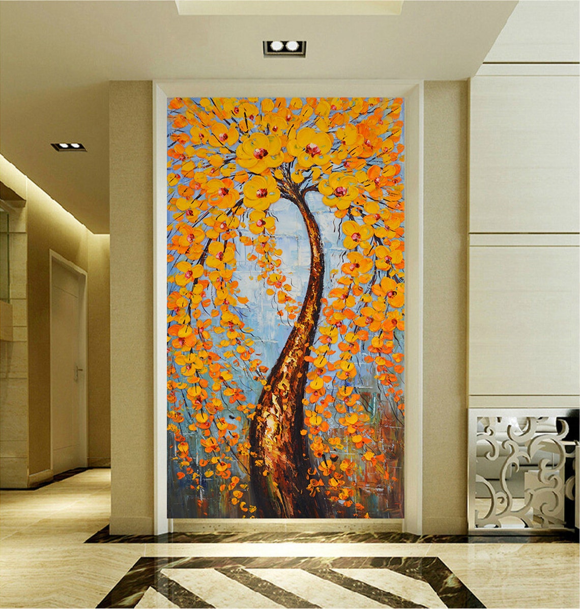 Blooming Orange Flowering Tree Against Blue Sky Oil Art Poster - Image 4