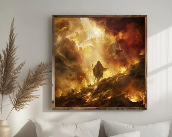 Hooded Prophet Walking Through Golden Heavenly Fire Religious Art Poster