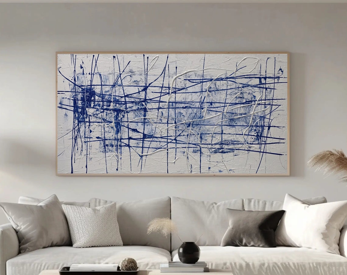 Abstract Navy Blue Line Scribbles on White Textured Modern Art Poster