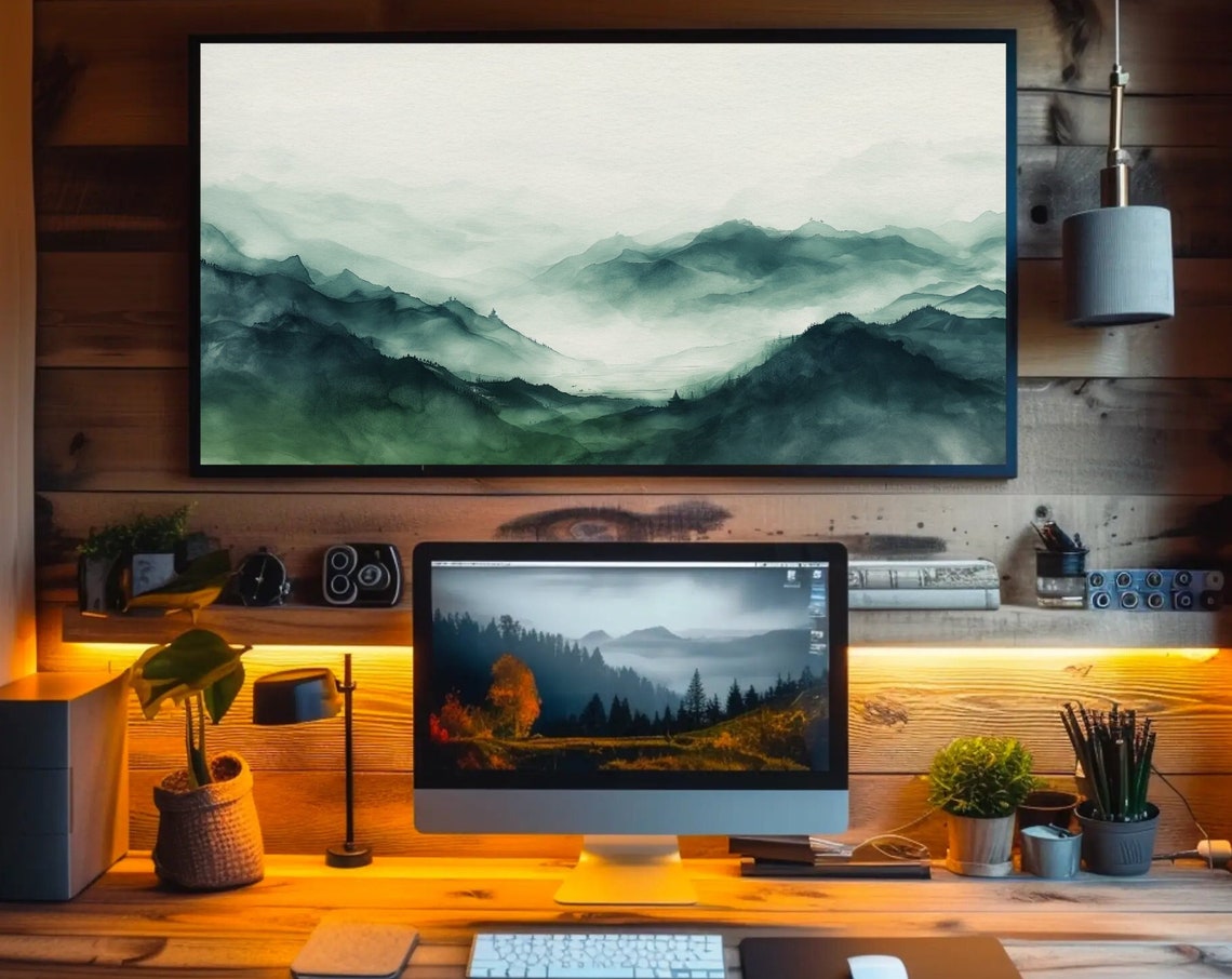 Misty Green Mountain Layers Soft Watercolor Landscape Art Poster