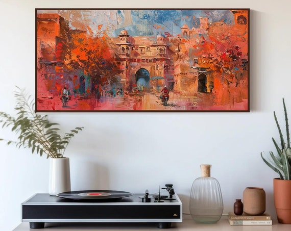 Jaipur Abstract Oil Painting Vibrant Indian Wall Art Framed Ethnic Artwork For Living Room Bedroom Office Ready To Hang
