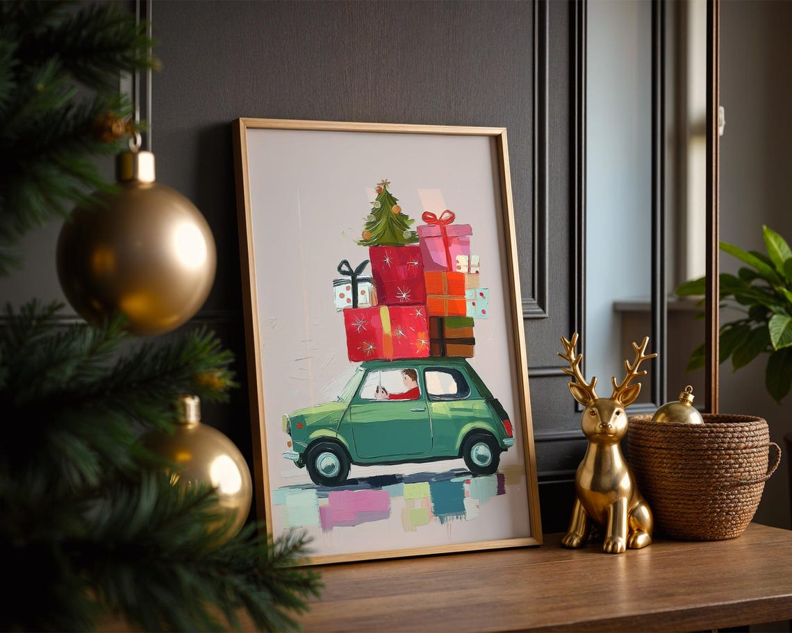 Vintage Green Car Christmas Gifts Tree Delivery Holiday Poster