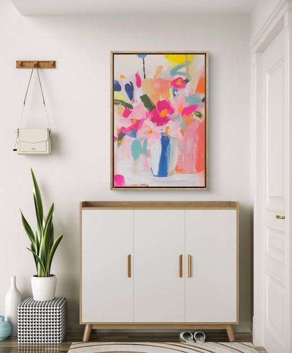 Abstract Pink Floral Bouquet Blue Vase Bold Painterly Blooms Art Poster