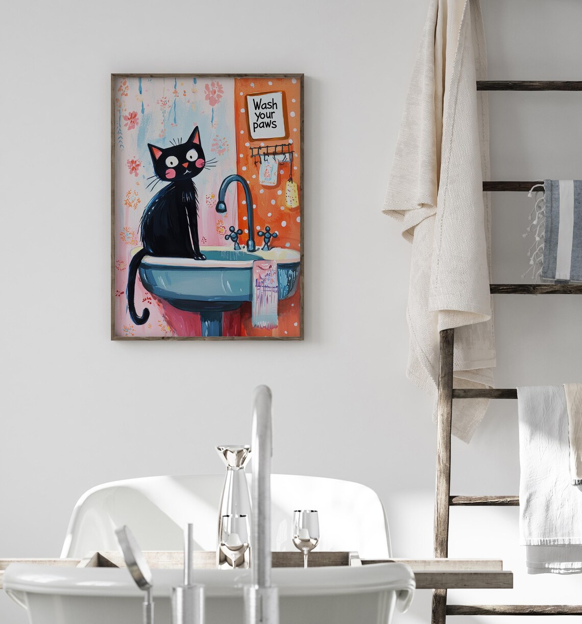 Wash Your Paws Funny Cat Bathroom Decor Art Print - Image 3