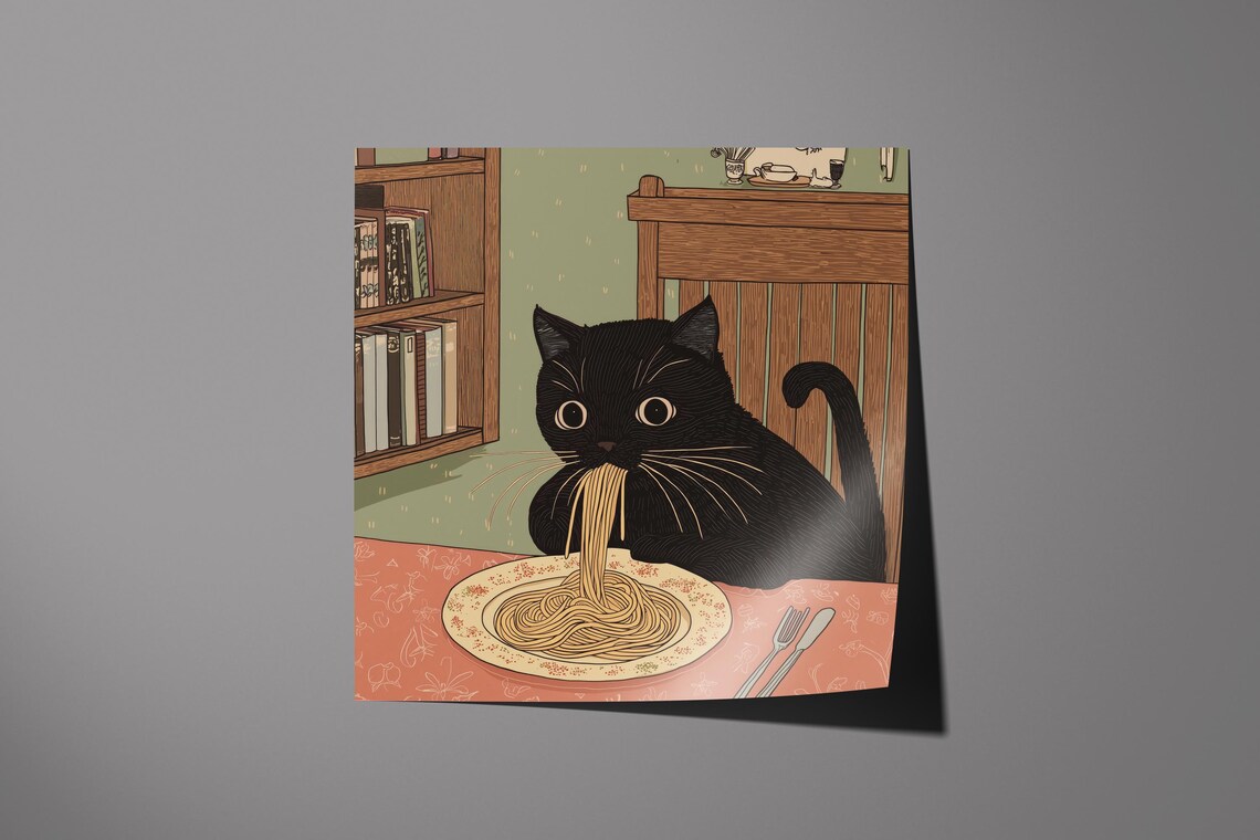Cute Cat Eating Pasta, Kitchen Wall Art Poster - Image 6