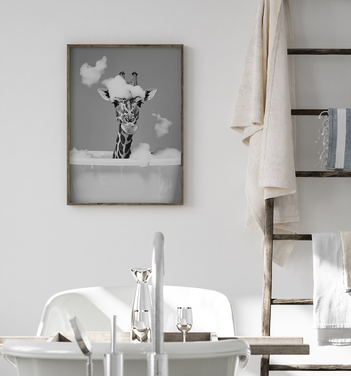 Cute Giraffe In A Bathtub, Funny Bathroom Art Print - Image 3