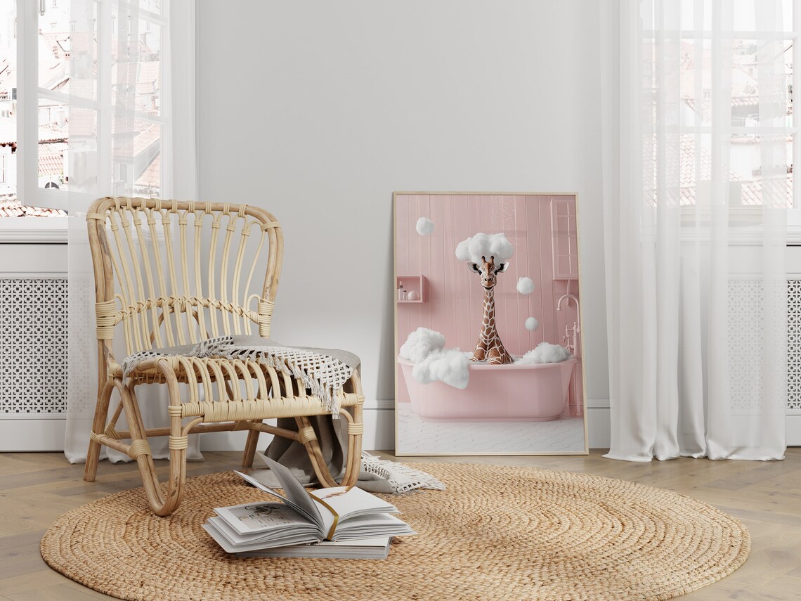 Cute Giraffe In A Bathtub, Pink Bathroom Funny Art - Image 3