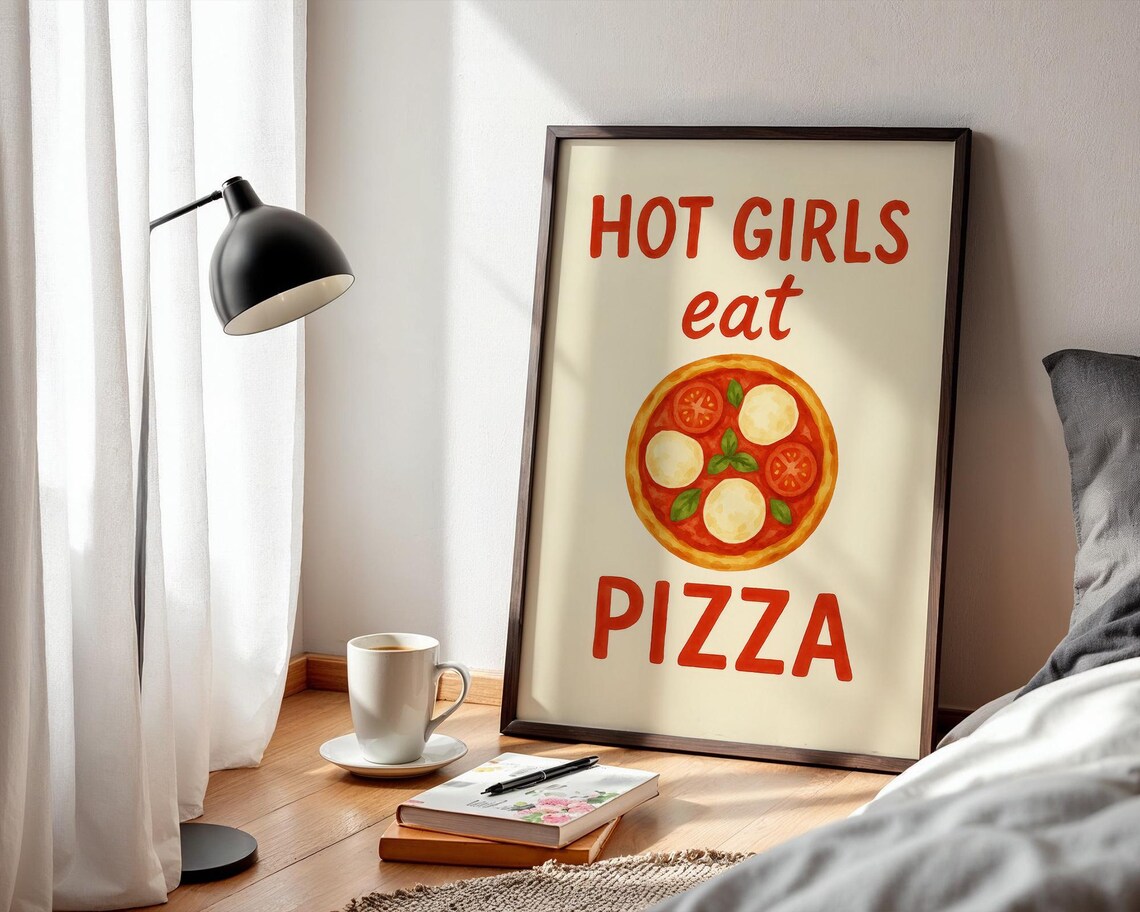Hot Girls Eat Pizza, Watercolor Kitchen Quote - Image 4