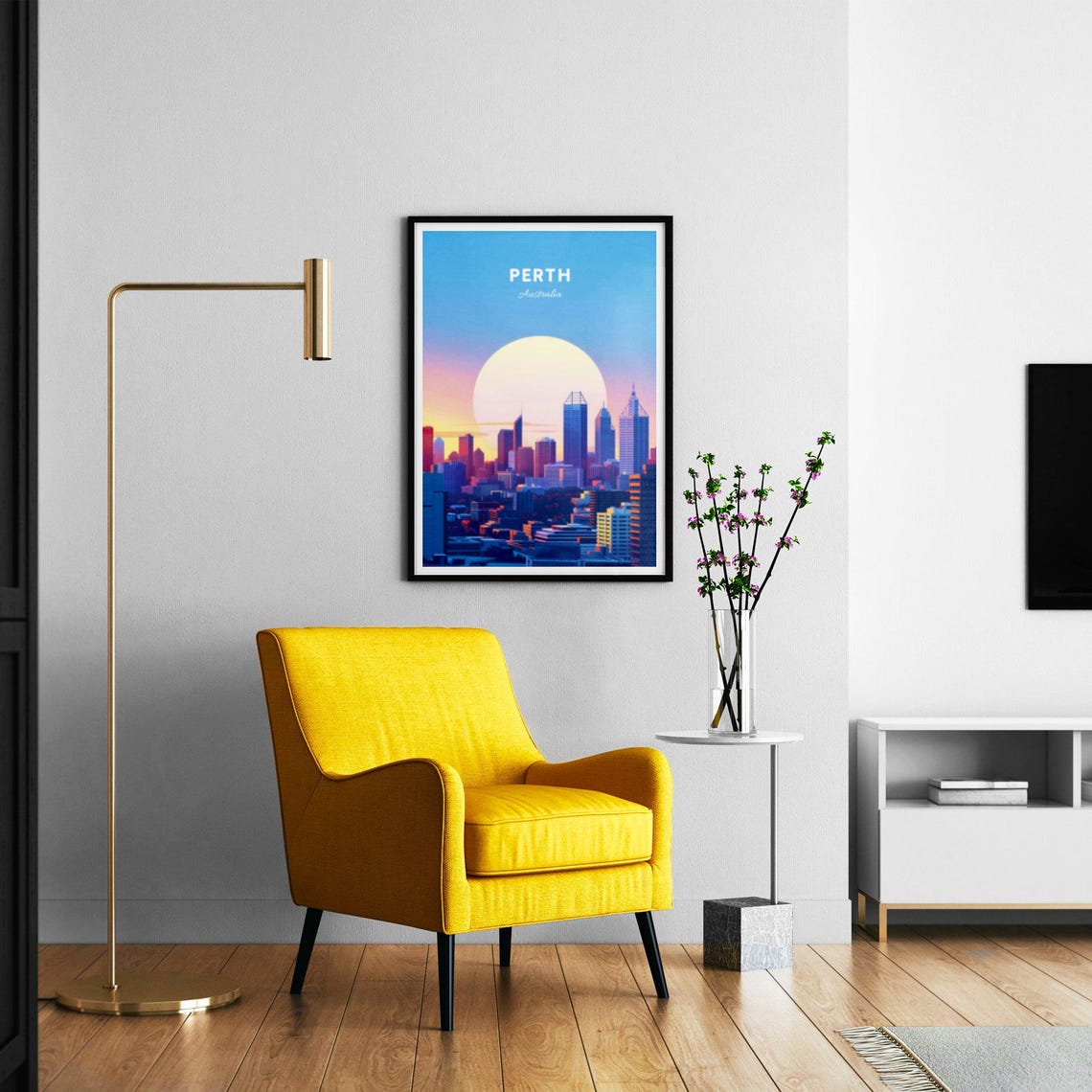 Perth Australia City Skyline at Sunrise with Giant Sun Poster - Image 2