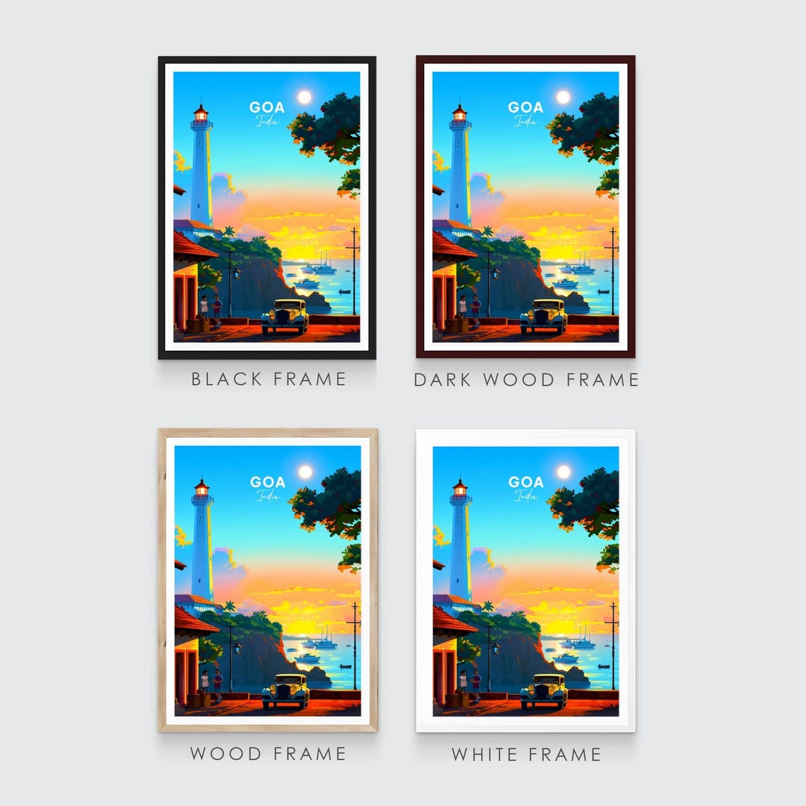 Goa India Cliff Lighthouse Sunset Boats Vintage Car Travel Poster - Image 3