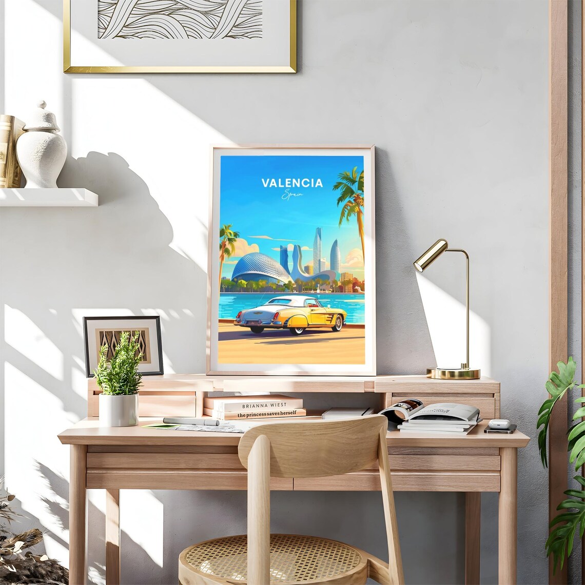 Valencia Modern Skyline Classic Yellow Car Seaside Travel Poster - Image 4