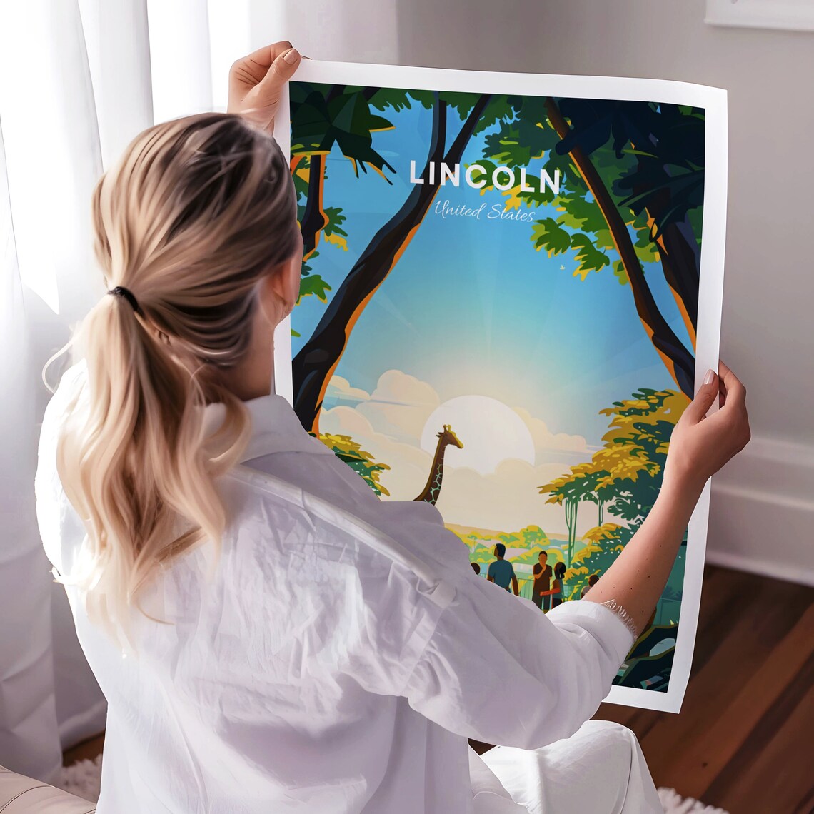 Lincoln United States Zoo Giraffe Family Sunset Wildlife Travel Poster - Image 3