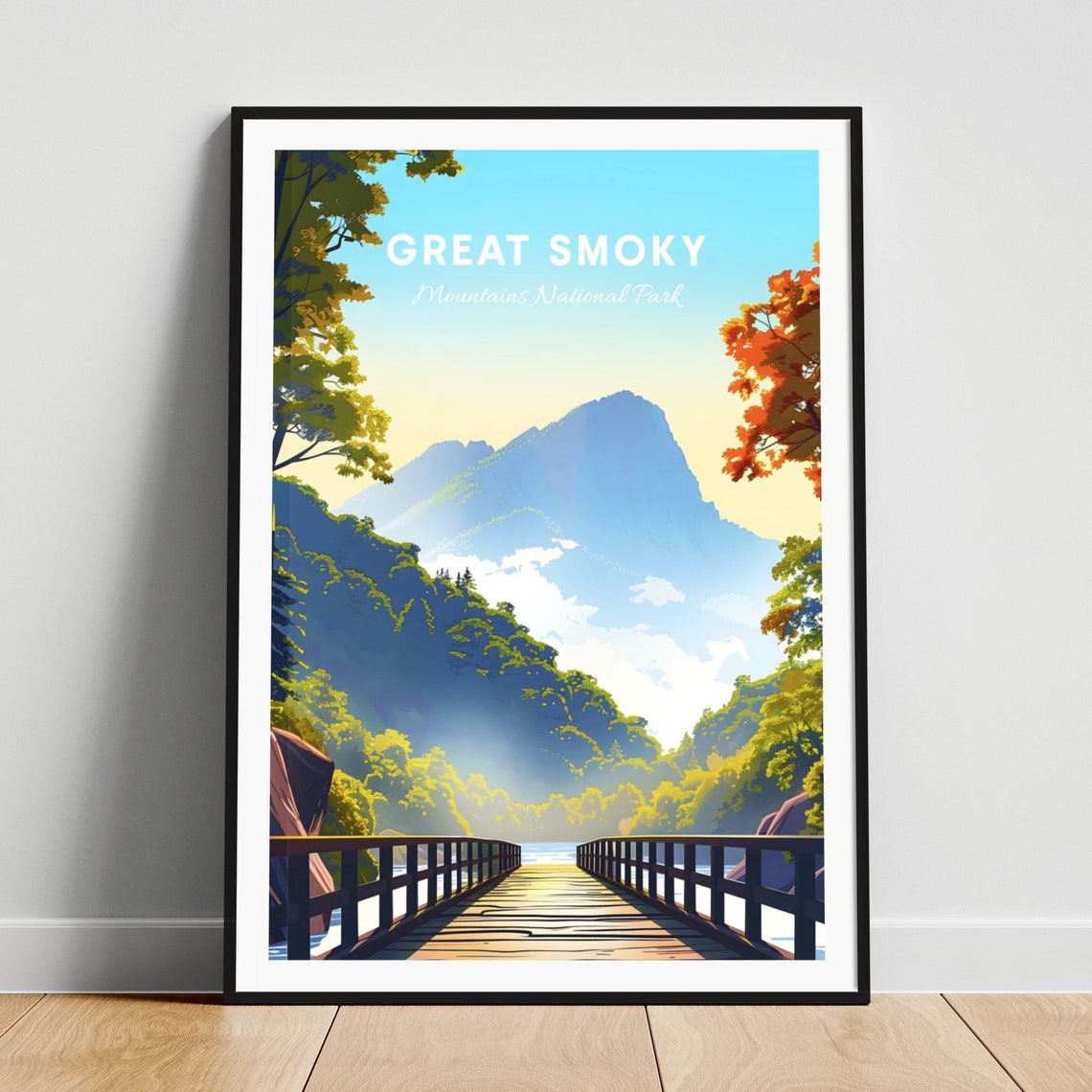 Great Smoky Mountains Wooden Footbridge River Summer Travel Poster