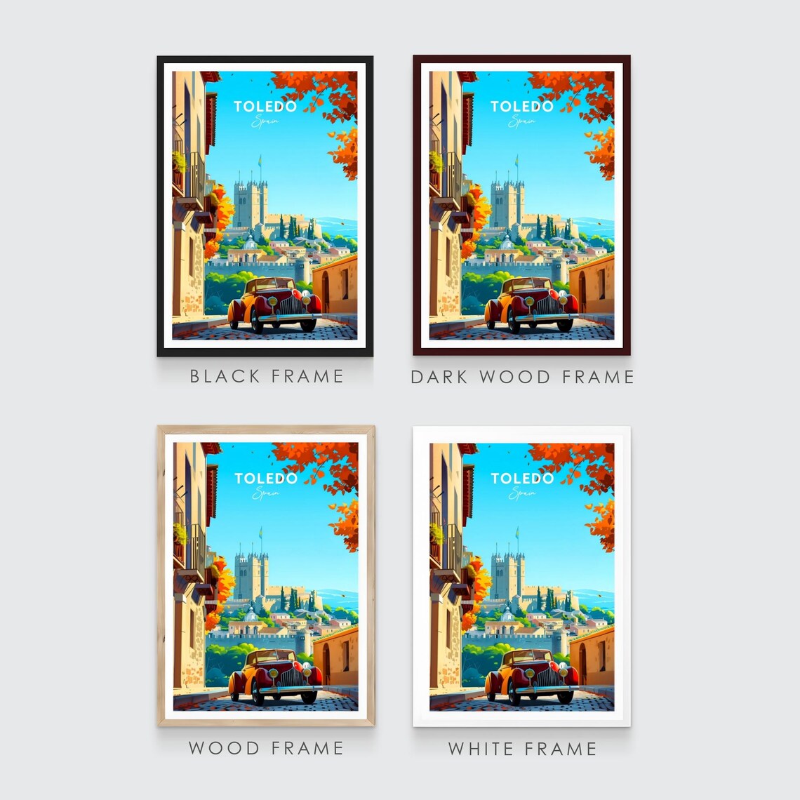 Toledo Old Town Street Vintage Red Car Historic Tower Travel Poster - Image 3