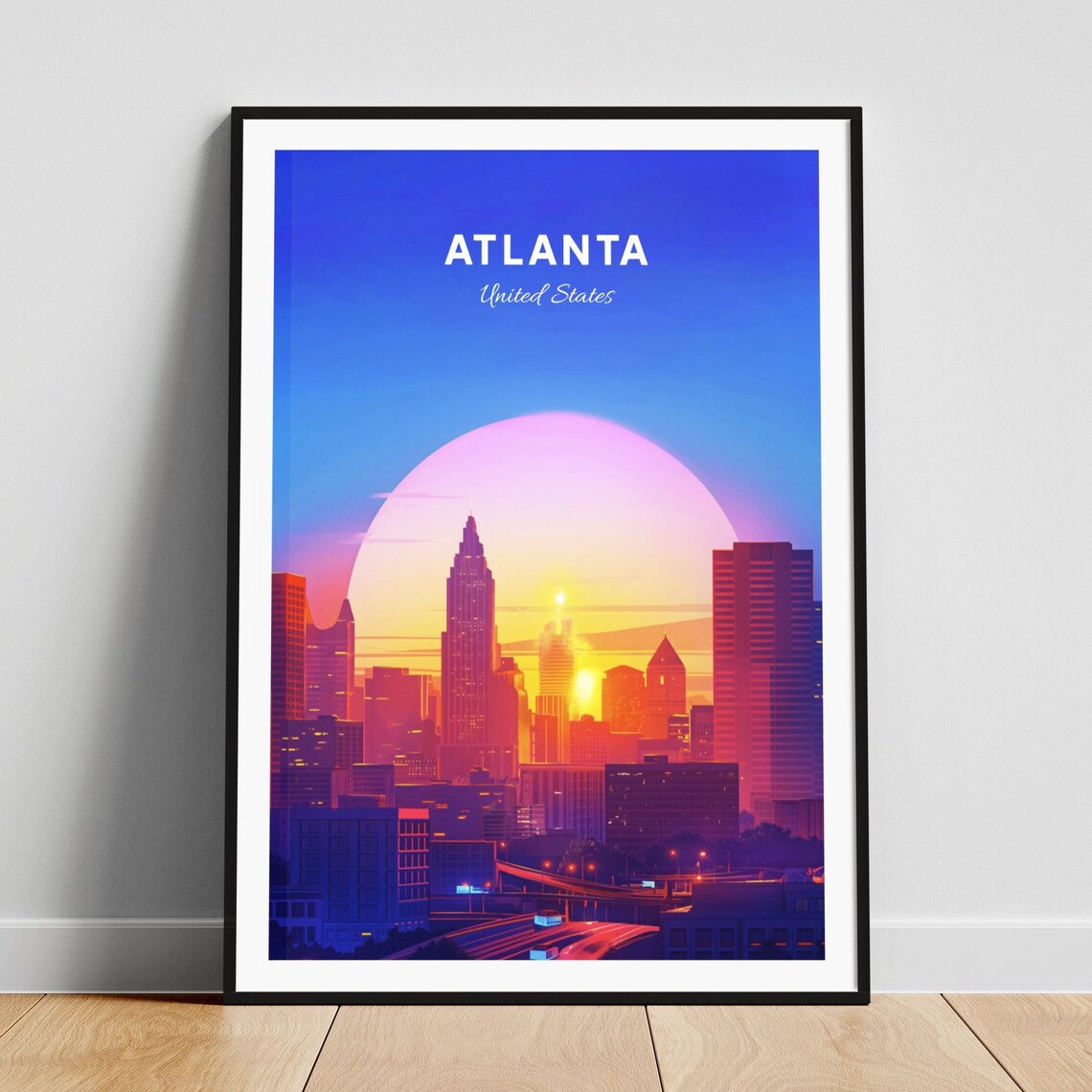 Atlanta Georgia Neon Night Skyline Under A Giant Moon Travel Poster