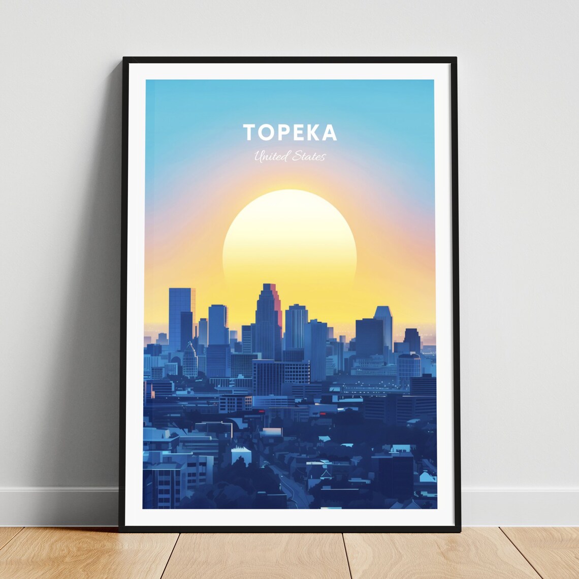 Topeka Blue Skyline Sunrise Big Sun Morning City Travel Poster