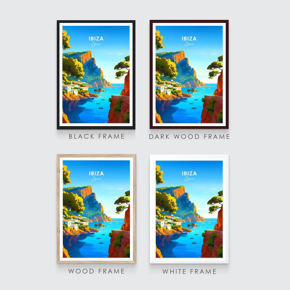 Ibiza Spain Sunny White Cliffside Village Turquoise Cove Poster - Image 3