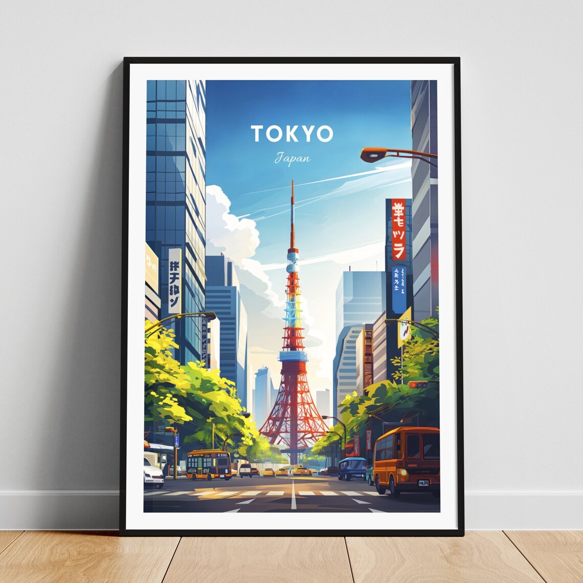 Tokyo Japan Tokyo Tower Busy Street Scene Illustration Poster
