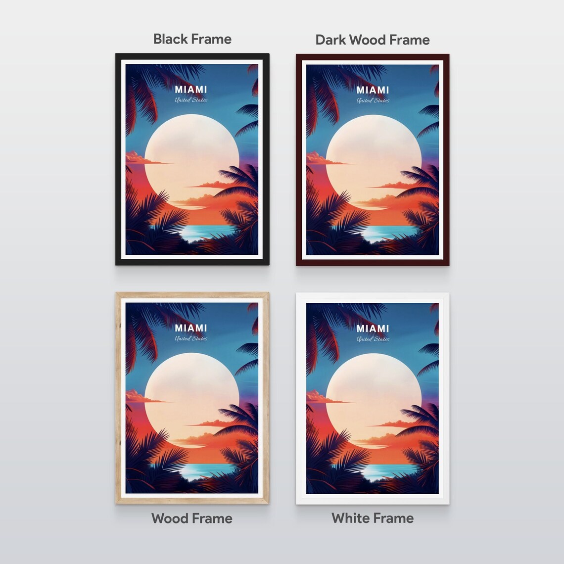 Miami Florida Tropical Palm Sunset Over Ocean Travel Poster Art - Image 2