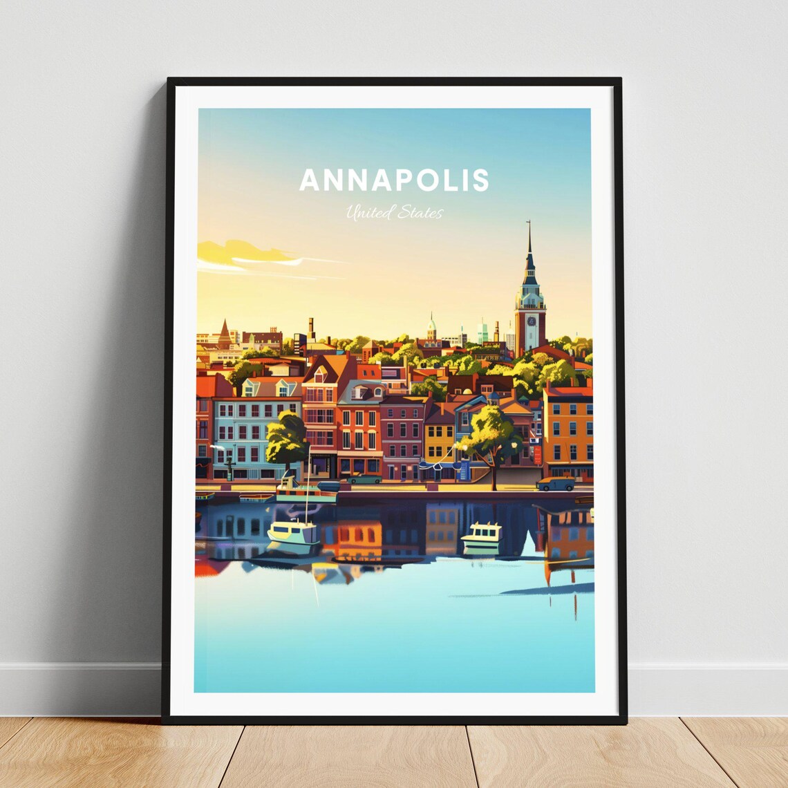 Annapolis Harbor Waterfront Boats Church Steeple Travel Poster