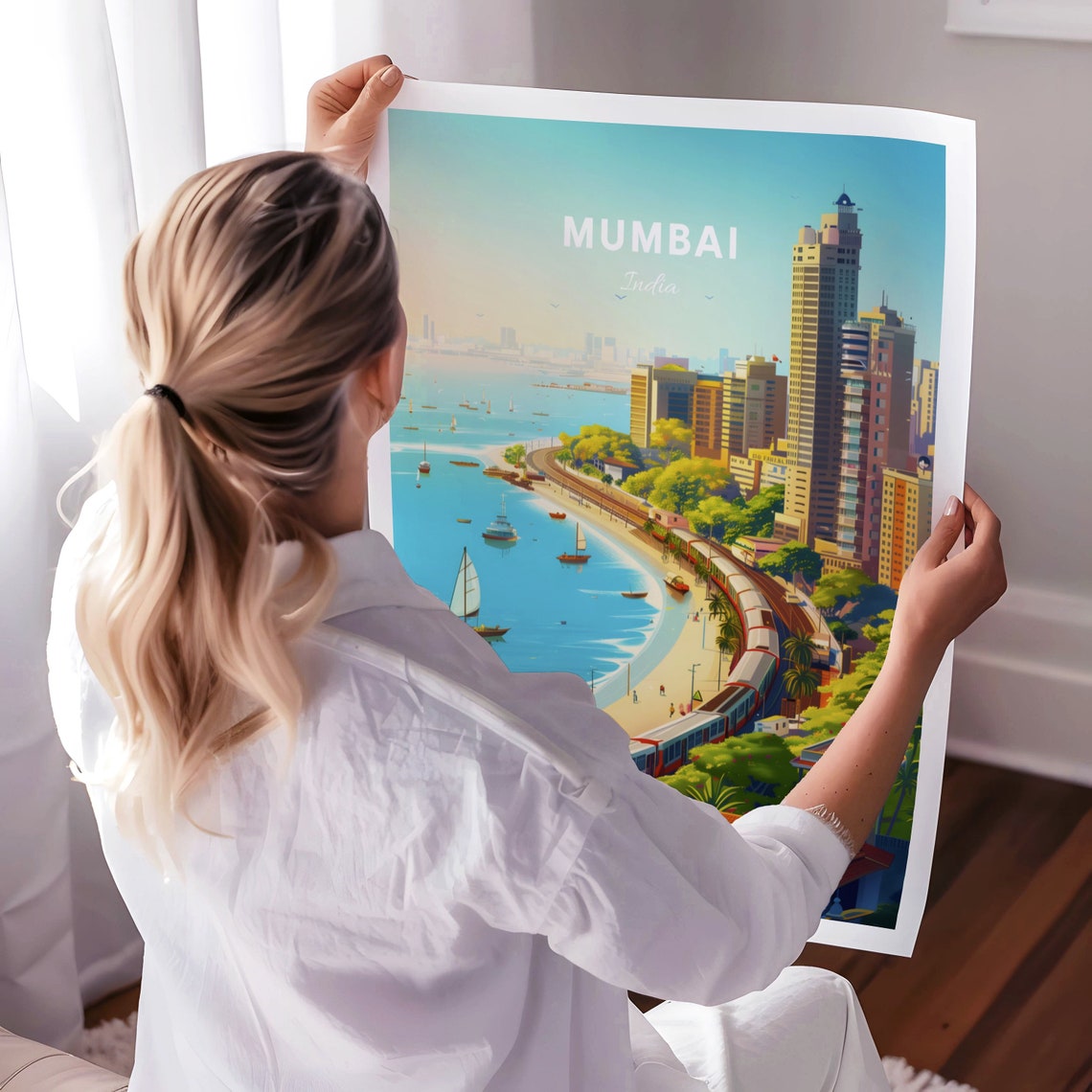 Mumbai India Marine Drive Coastal Train Sailboats Travel Poster - Image 3