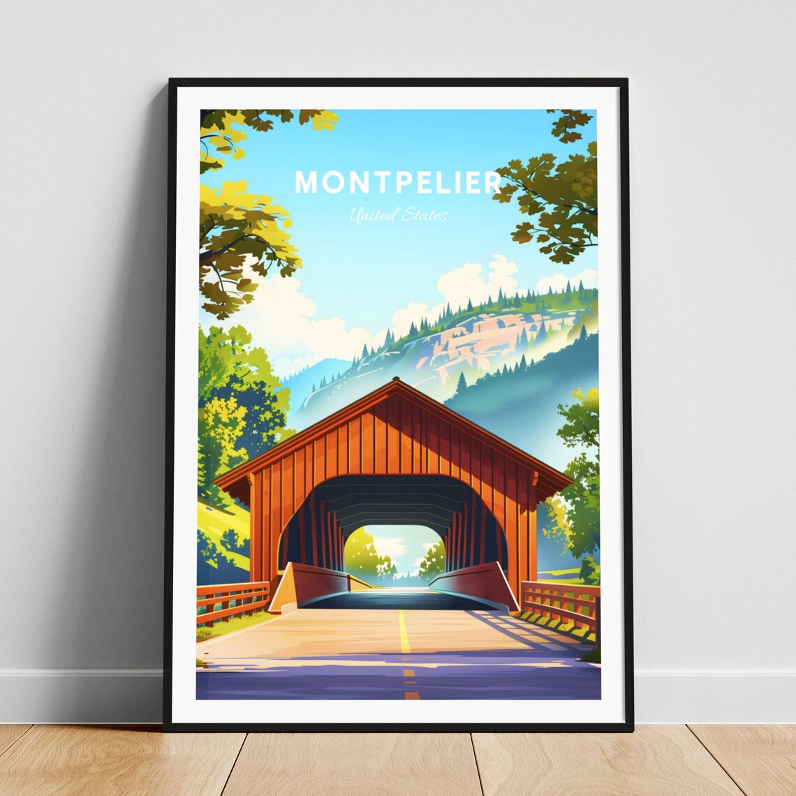 Montpelier Vermont Red Covered Bridge Forest Hills Travel Poster