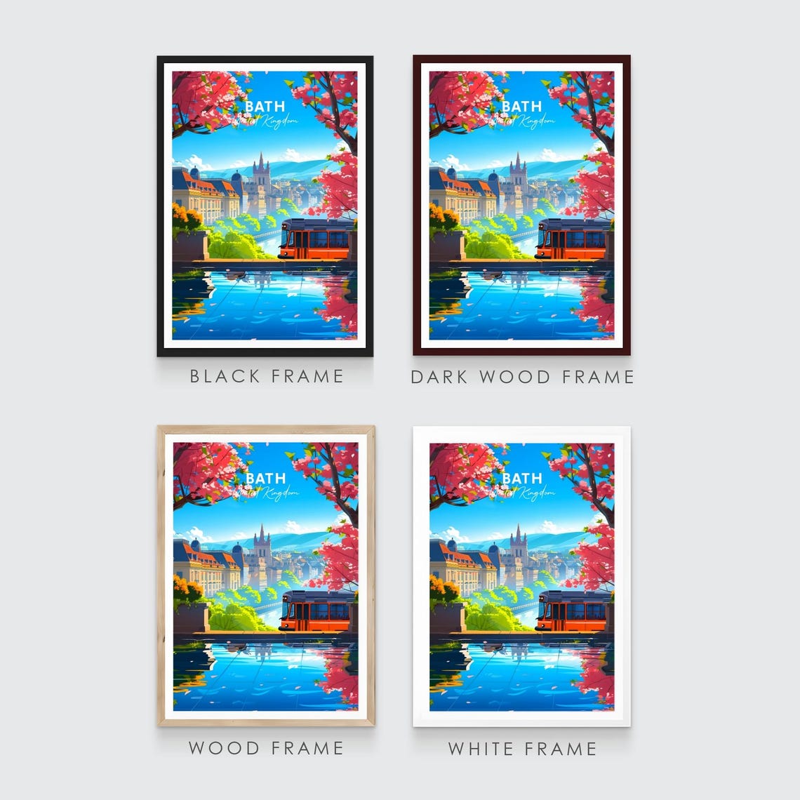 Bath England City View Tram Cherry Blossom River Travel Poster - Image 3