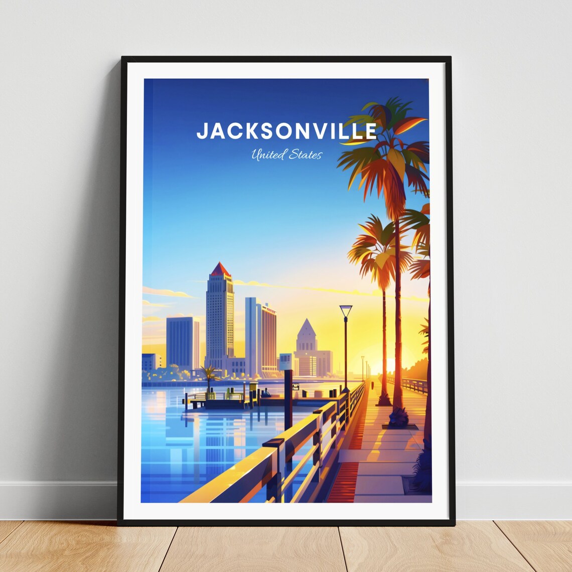 Jacksonville Florida Sunrise Riverfront with Docks Travel Poster