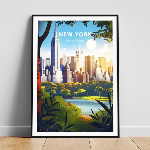 New York Manhattan Skyline From Central Park Lake Vintage Travel Poster