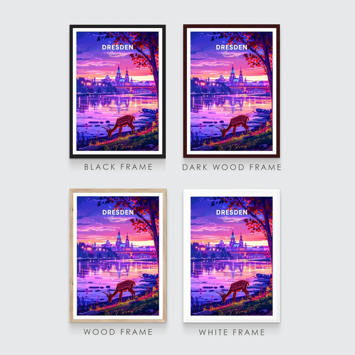 Dresden Germany River Sunset Deer Church Skyline View Art Poster - Image 3