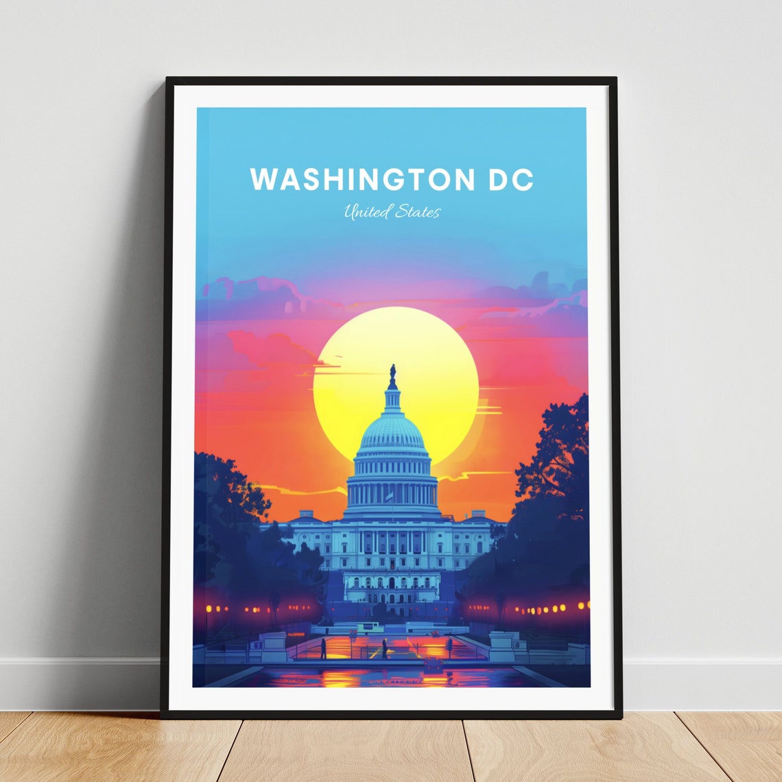 Washington DC Capitol Dome At Sunset Orange Skyline Travel Poster