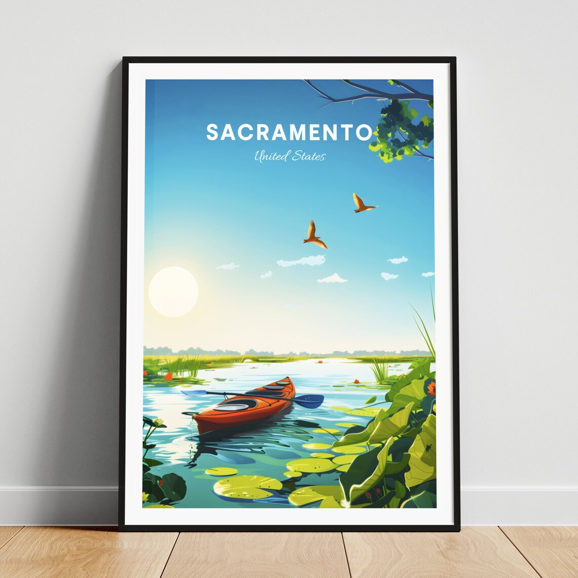 Sacramento Morning River Kayak Lily Pads With Birds View Poster
