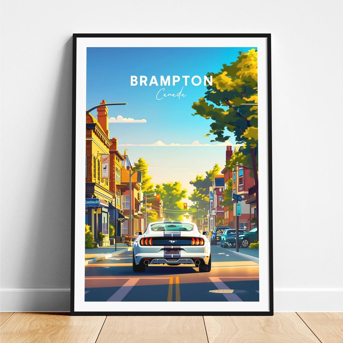 Brampton Canada White Mustang Sunny Old Town Street Day Poster