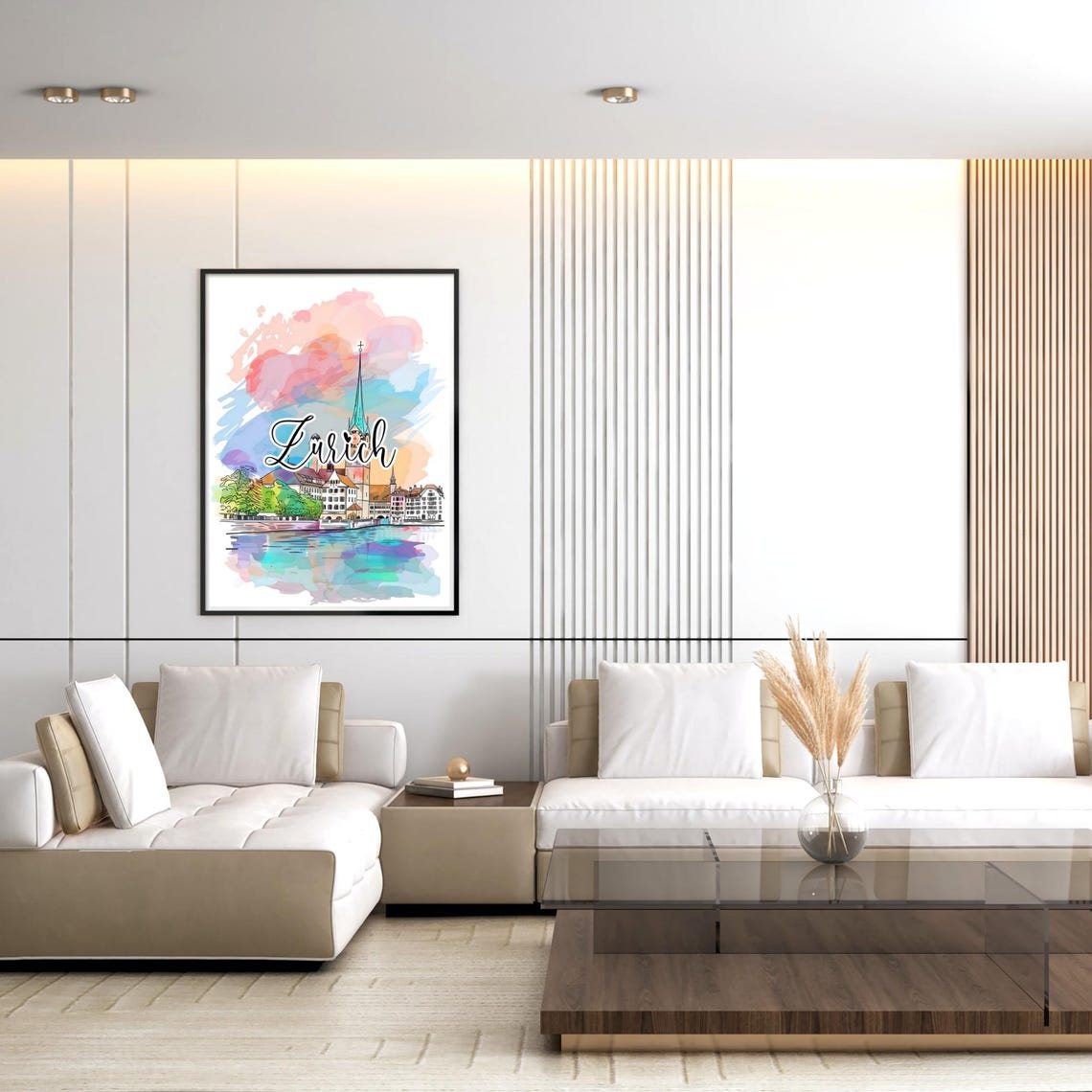 Zurich Switzerland Watercolor Riverside Church Spire Travel Poster - Image 3