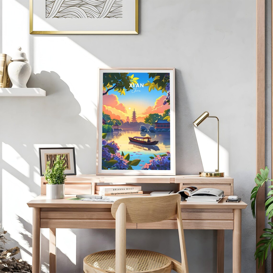 Xian China Sunrise Lake Boat Pagoda Blossom View Scenic Poster - Image 4