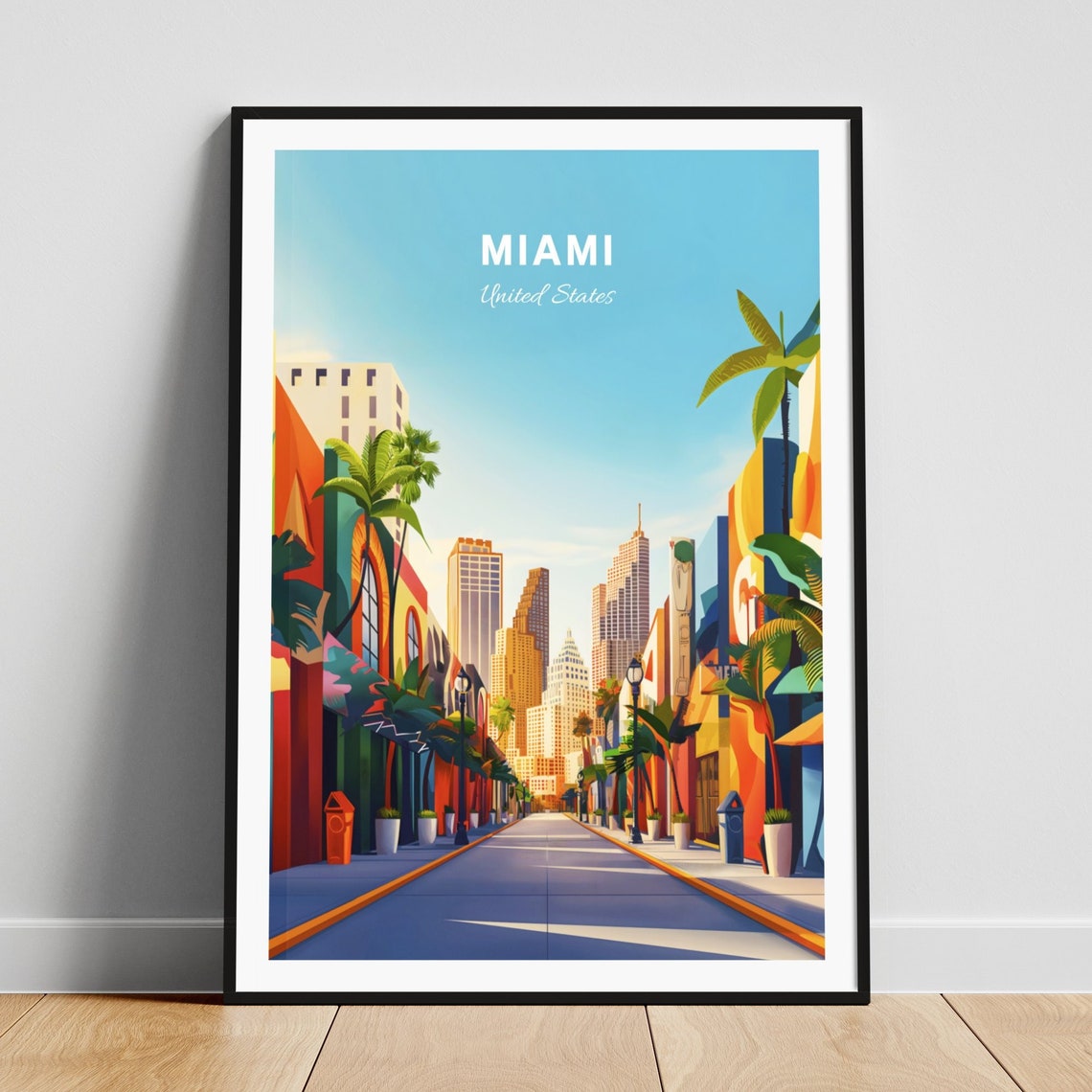 Miami Sunlit Vibrant Art Deco Street Downtown Skyline View Poster