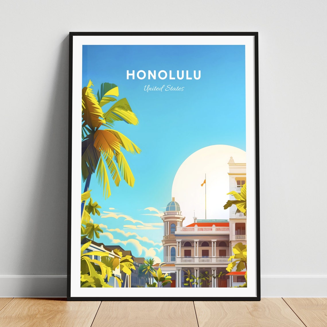 Honolulu Hawaii Historic Iolani Palace Among Palm Trees Travel Poster