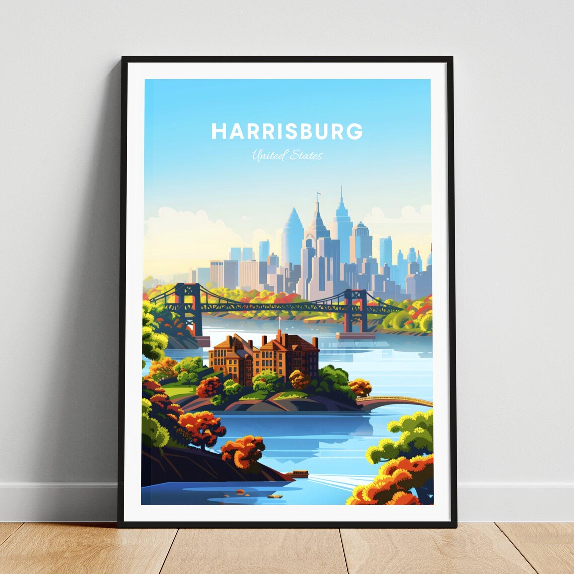 Harrisburg Pennsylvania Skyline Suspension Bridge River Travel Poster