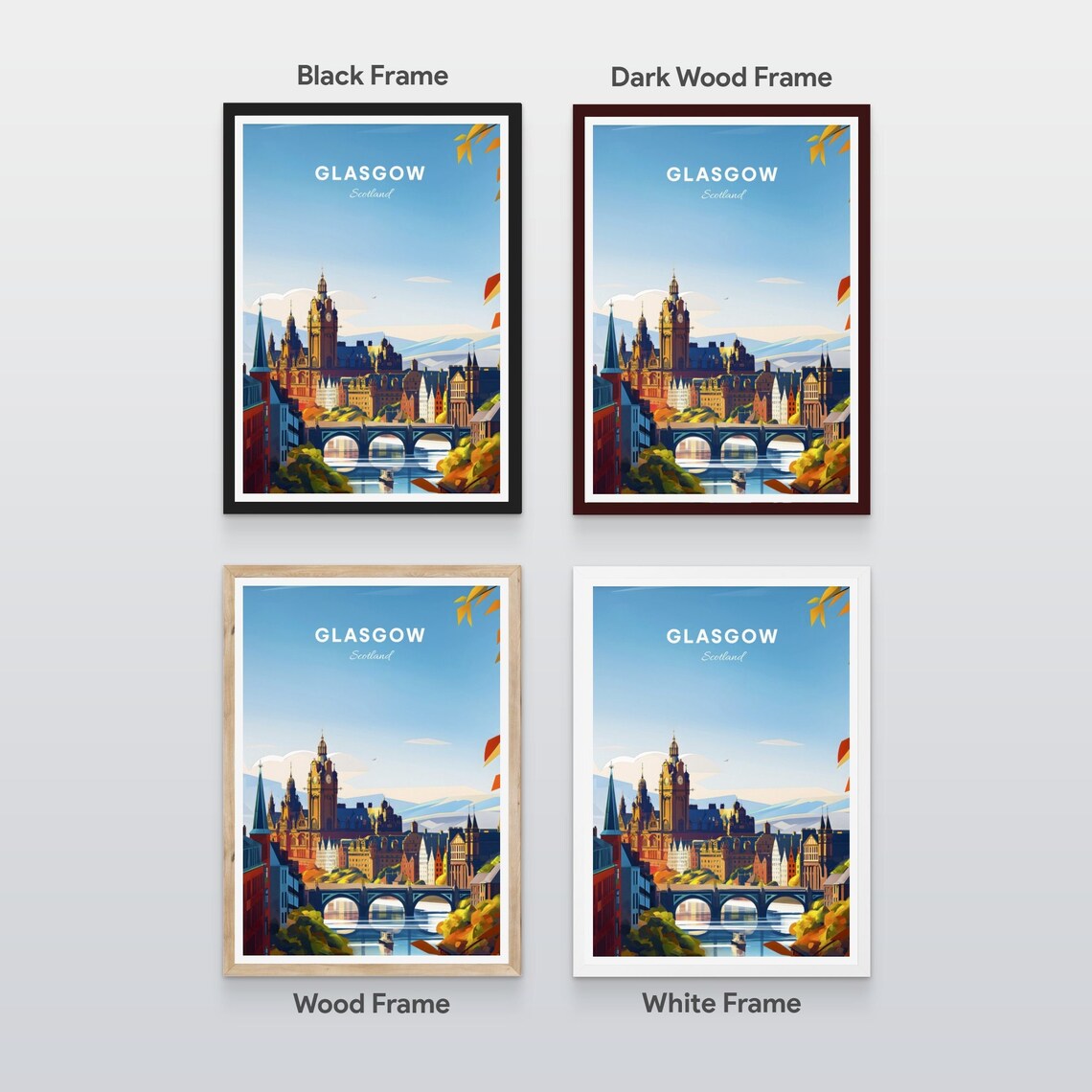 Glasgow Scotland Old Town Clock Tower River Bridge Travel Poster - Image 2