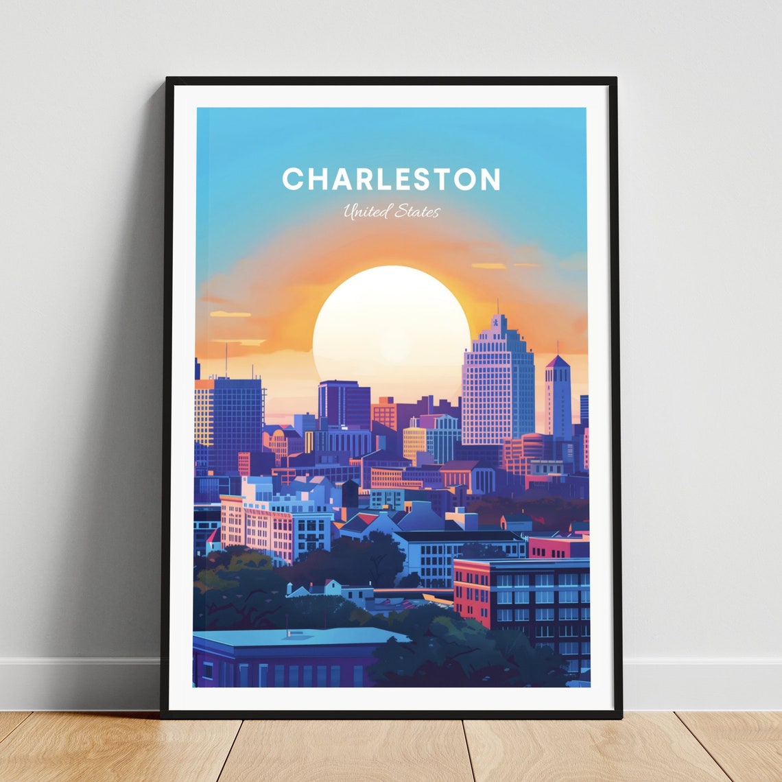 Charleston Downtown Skyline Sunset Big Sun City View Travel Poster