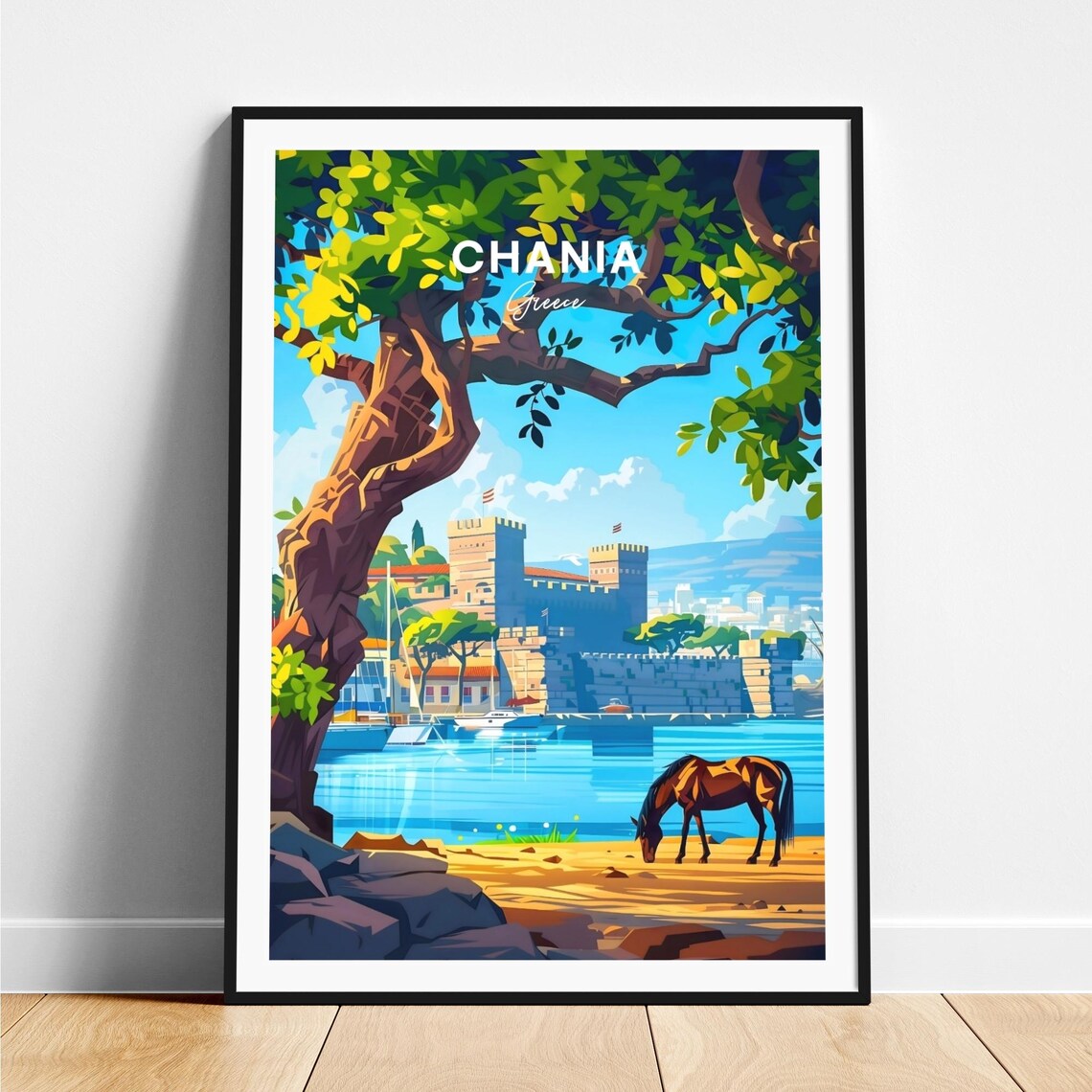 Chania Greece Old Fortress Horse Beach Vibrant Travel Poster