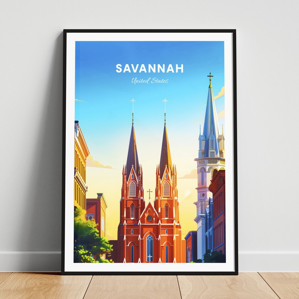 Savannah Twin Spire Cathedral Sunny Street Vintage Travel Poster