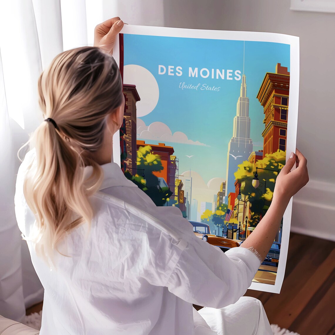 Des Moines Vintage Street With Classic 1950s Car Travel Poster - Image 3