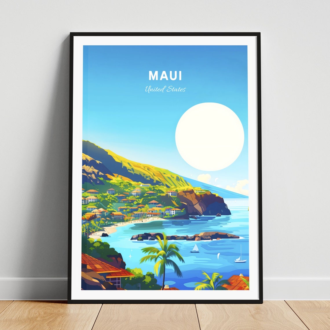Maui Hawaii Hillside Resort Town Overlooking the Bay Travel Poster