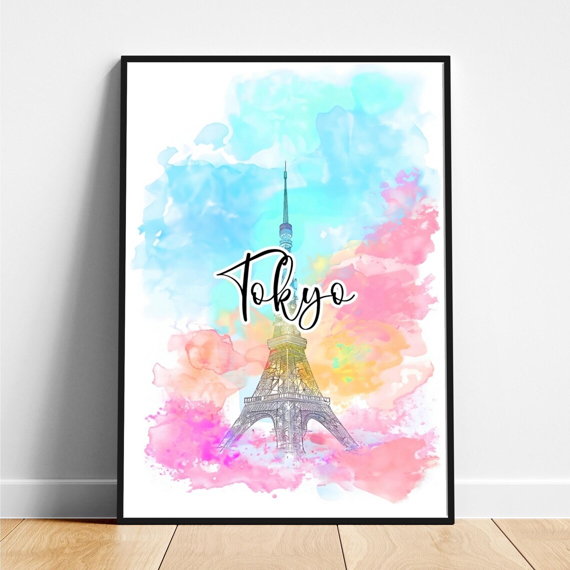Vibrant Tokyo Tower Japan Watercolor Travel Skyline Art Poster