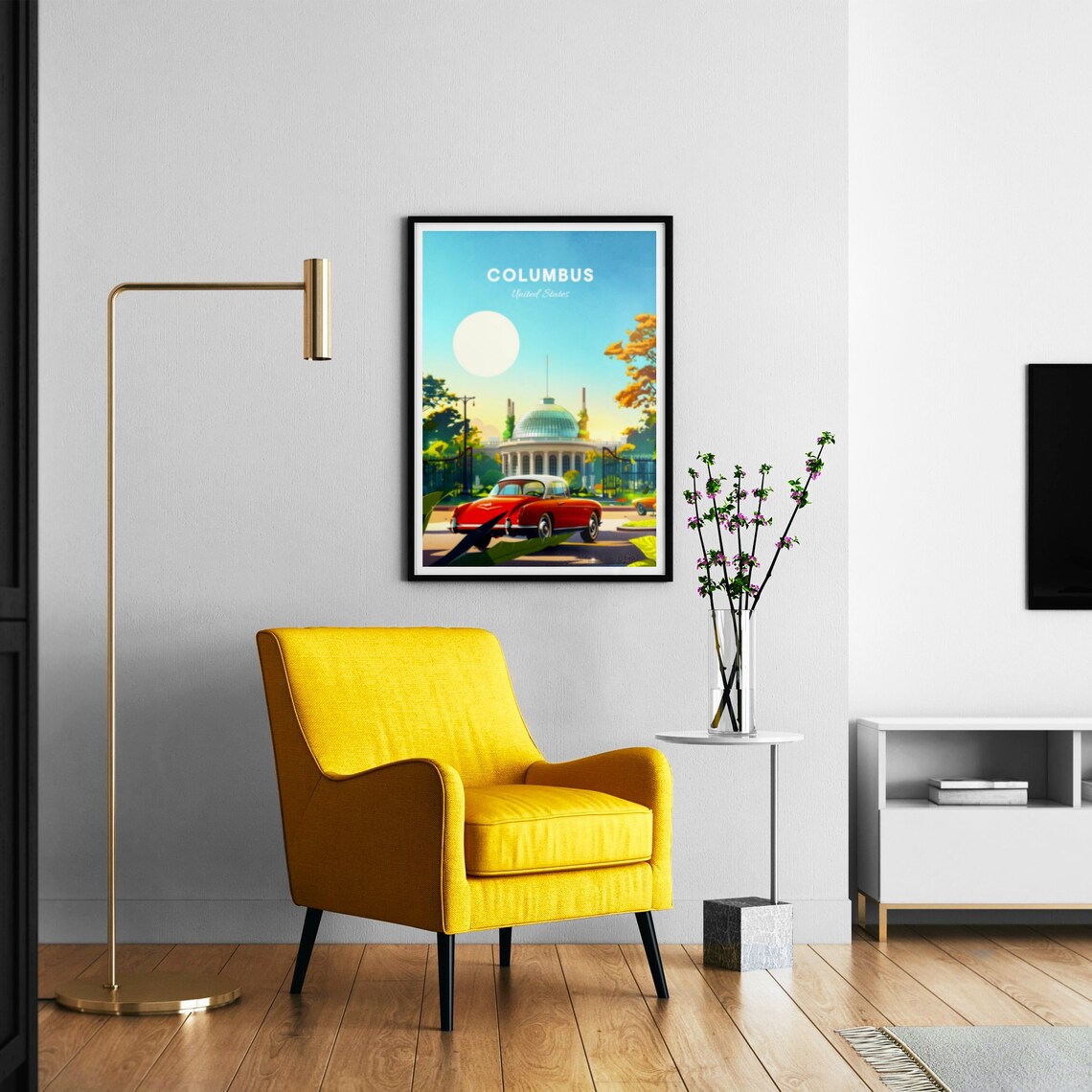Columbus Classic Red Car Glass Dome Garden Vintage Travel Poster - Image 3