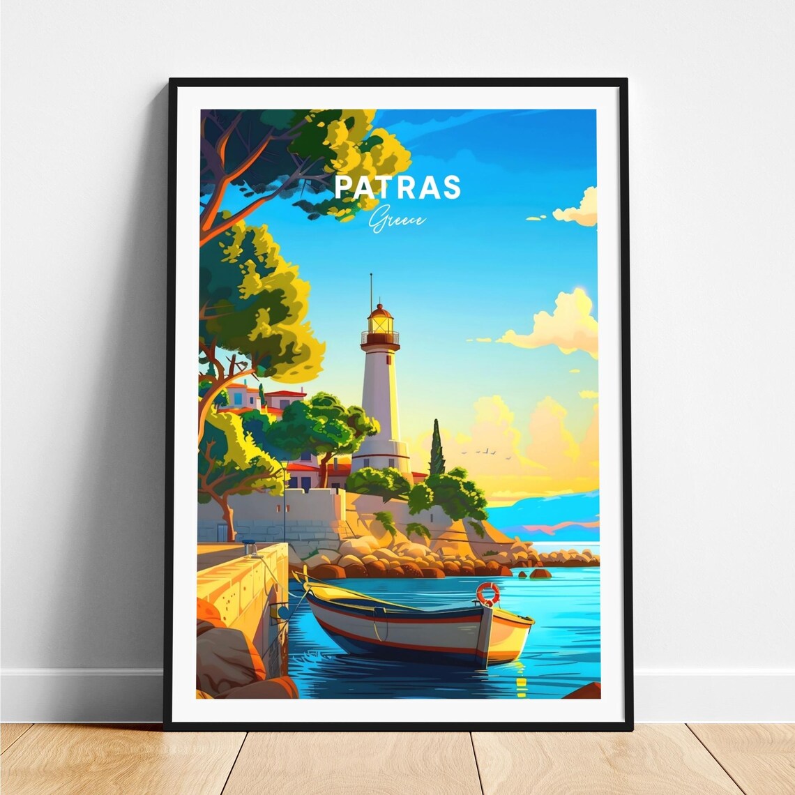 Patras Greece Lighthouse on Rocky Coast with Fishing Boat Poster