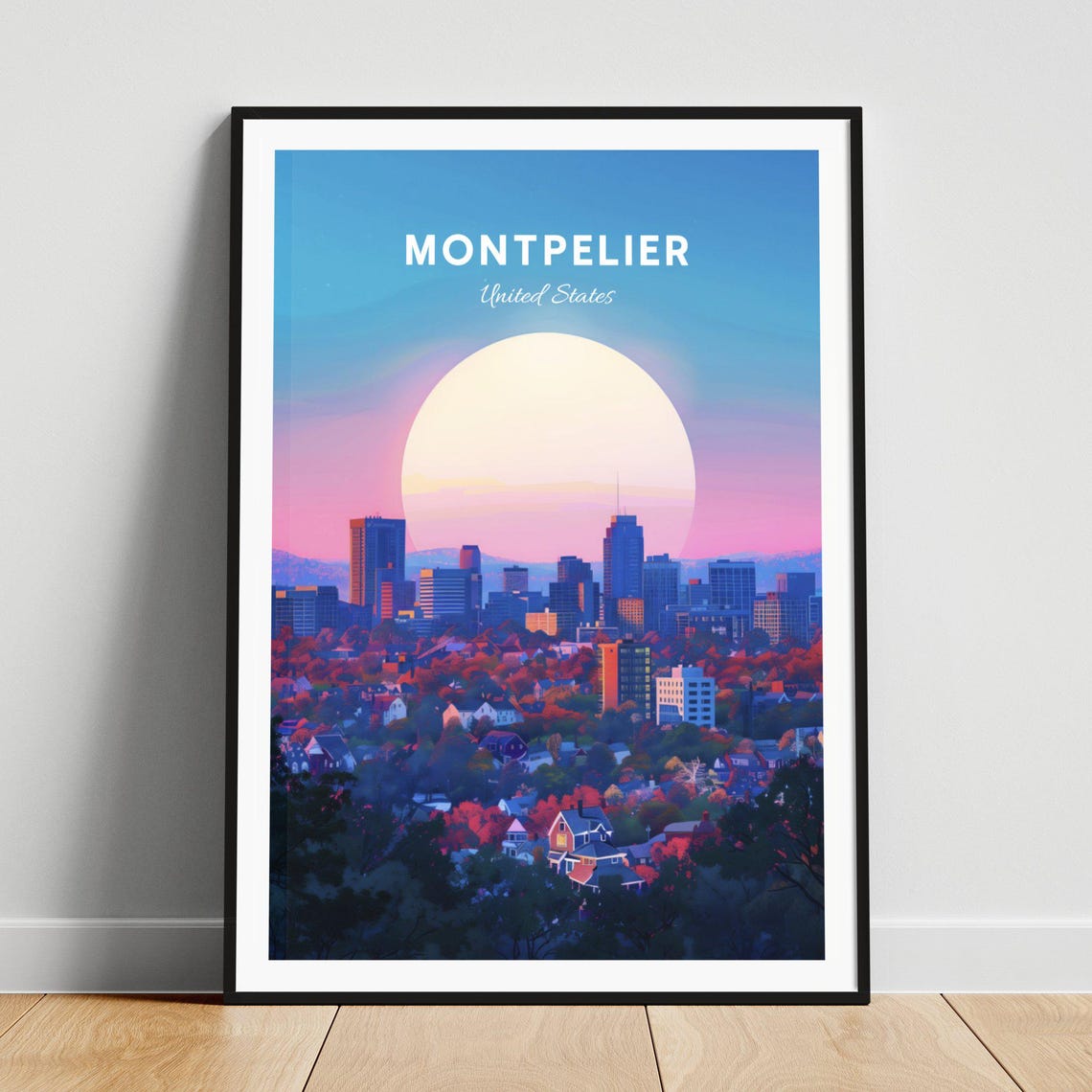 Montpelier Vermont Evening City Skyline Sunset Giant Sun Poster