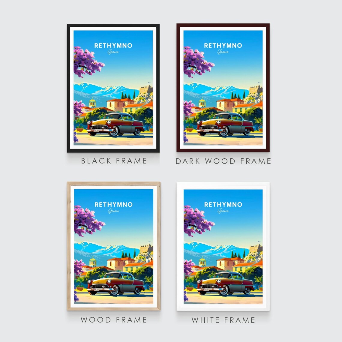 Rethymno Greece Classic Car Town Fortress Hill Travel Poster - Image 3