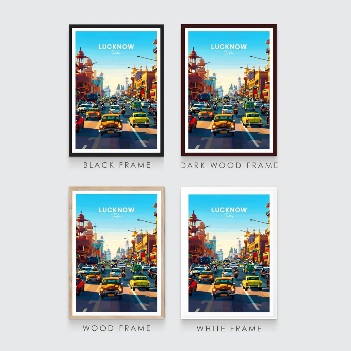 Lucknow India Bustling Street with Classic Taxis at Dusk Poster - Image 3